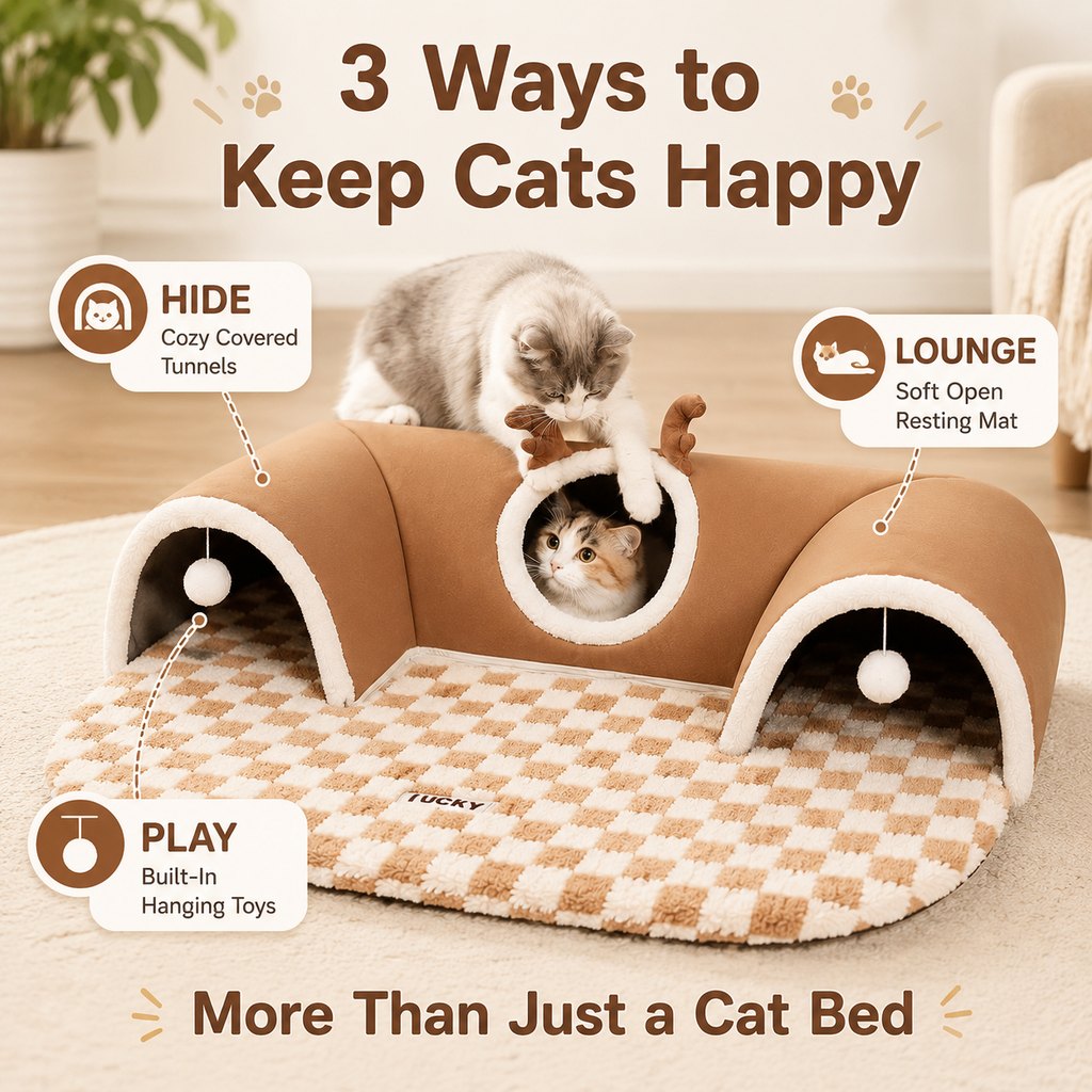3-in-1 Multi-Cat Tunnel Bed & Play Mat for Indoor Cats - Spacious Cozy Hideaway for Shared Rest, Play & Less Bed Competition