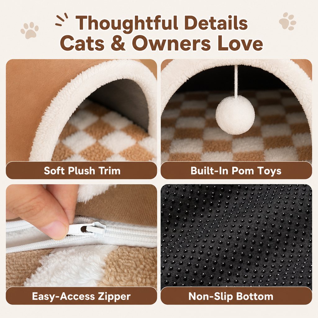 3-in-1 Multi-Cat Tunnel Bed & Play Mat for Indoor Cats - Spacious Cozy Hideaway for Shared Rest, Play & Less Bed Competition
