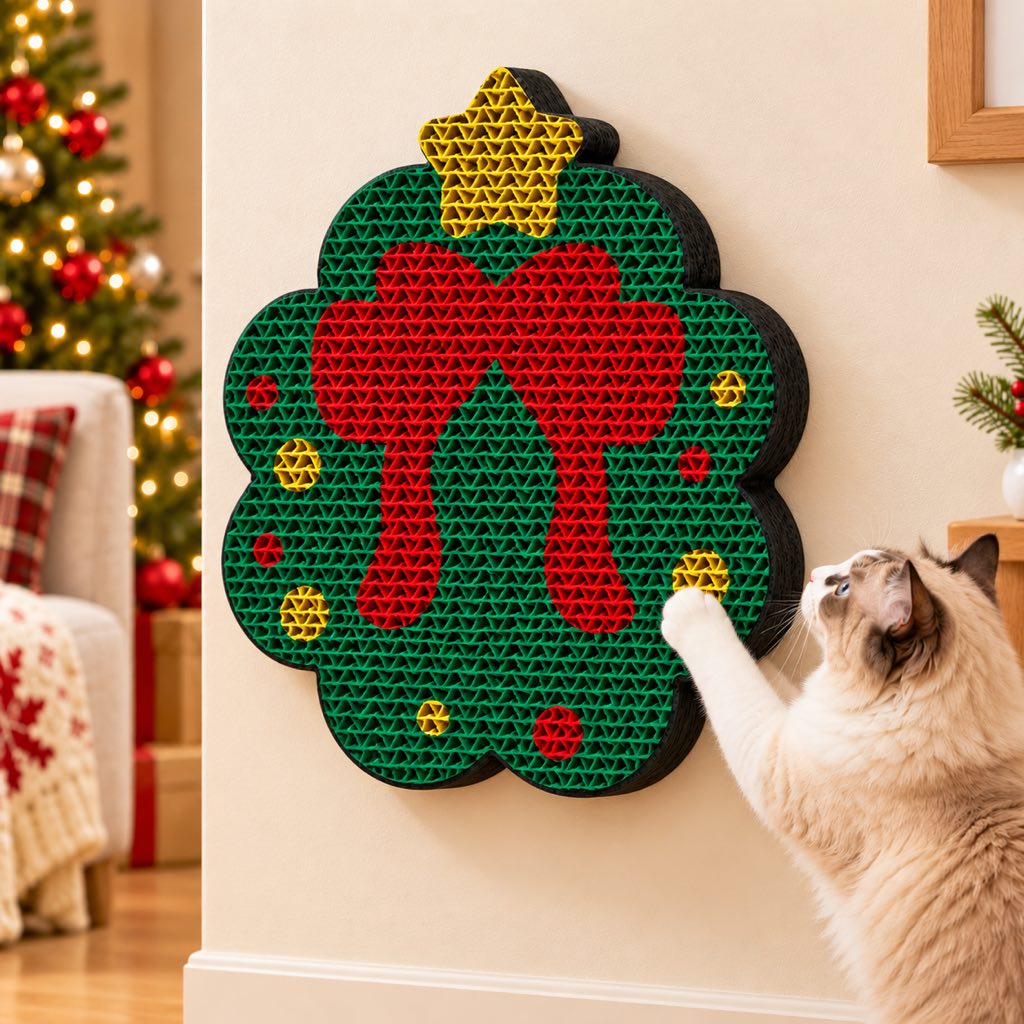 Christmas Cat Scratcher for Indoor Cats – Wall-Mounted Board to Help Protect Furniture