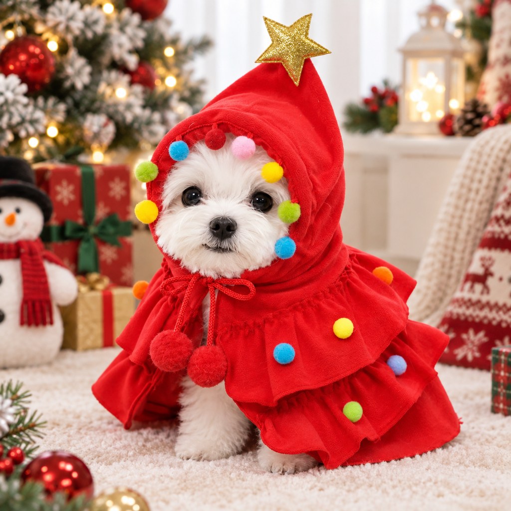 Christmas Tree Pet Cape for Holiday Photos & Parties - Easy-Wear Costume for Small Dogs & Cats