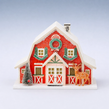 Reindeer Barn Paperboard Village Decor with Light