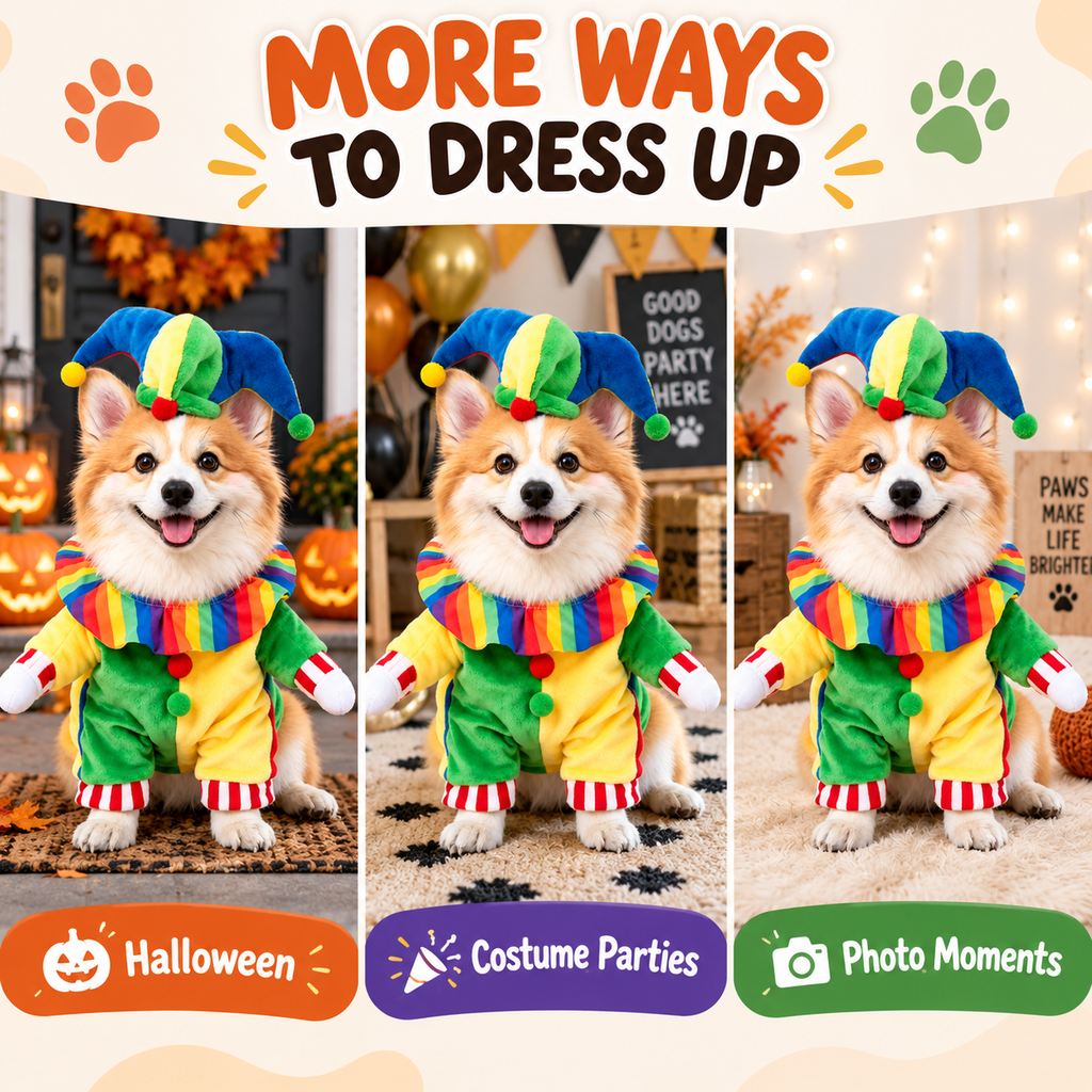 Halloween Jester Clown Dog Costume with Hat & Fake Arms - Funny Photo-Ready Pet Outfit for Trick-or-Treat Parties