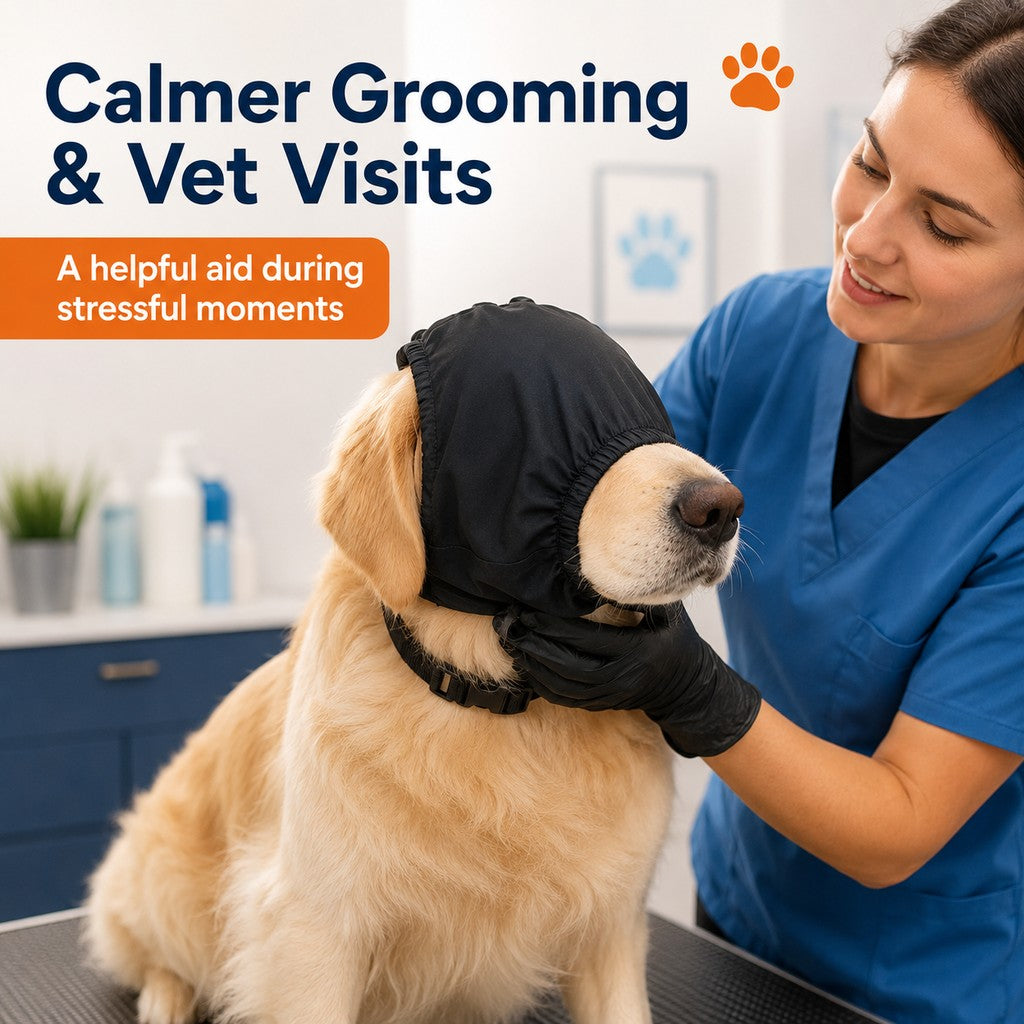 Dog Calming Mask for Car Rides, Grooming & Vet Visits - Adjustable Visual Comfort Hood