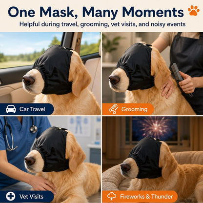 Dog Calming Mask for Car Rides, Grooming & Vet Visits - Adjustable Visual Comfort Hood