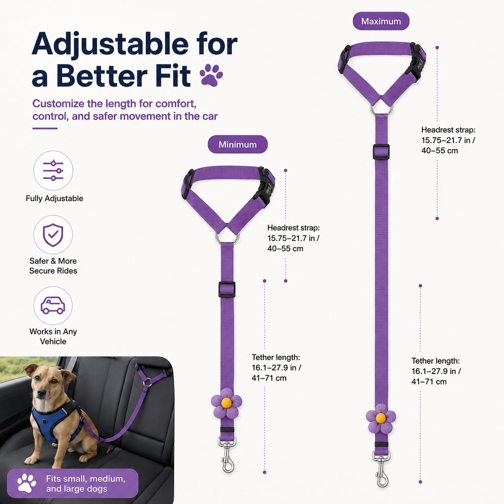Adjustable Dog Car Seat Belt for Back Seat Travel - Helps Keep Pets Secure & Reduce Driver Distraction