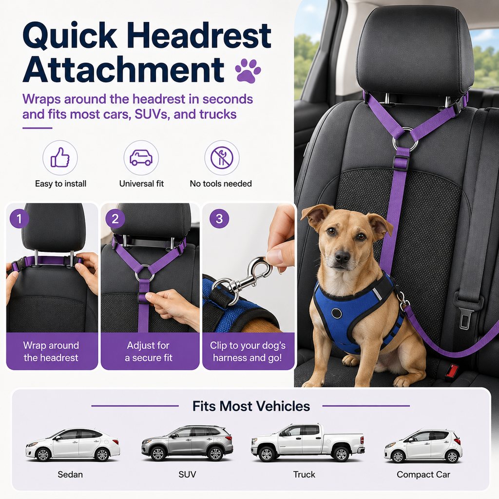 Adjustable Dog Car Seat Belt for Back Seat Travel - Helps Keep Pets Secure & Reduce Driver Distraction