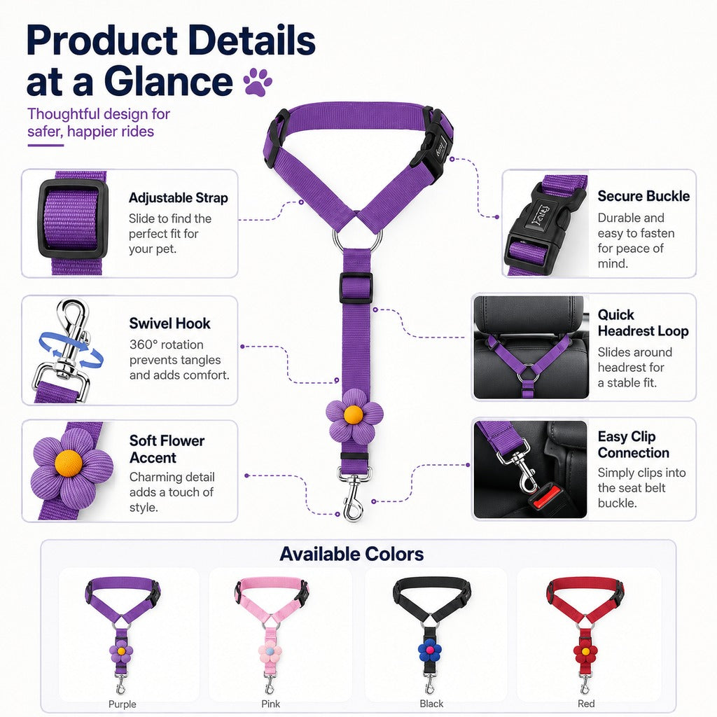 Adjustable Dog Car Seat Belt for Back Seat Travel - Helps Keep Pets Secure & Reduce Driver Distraction