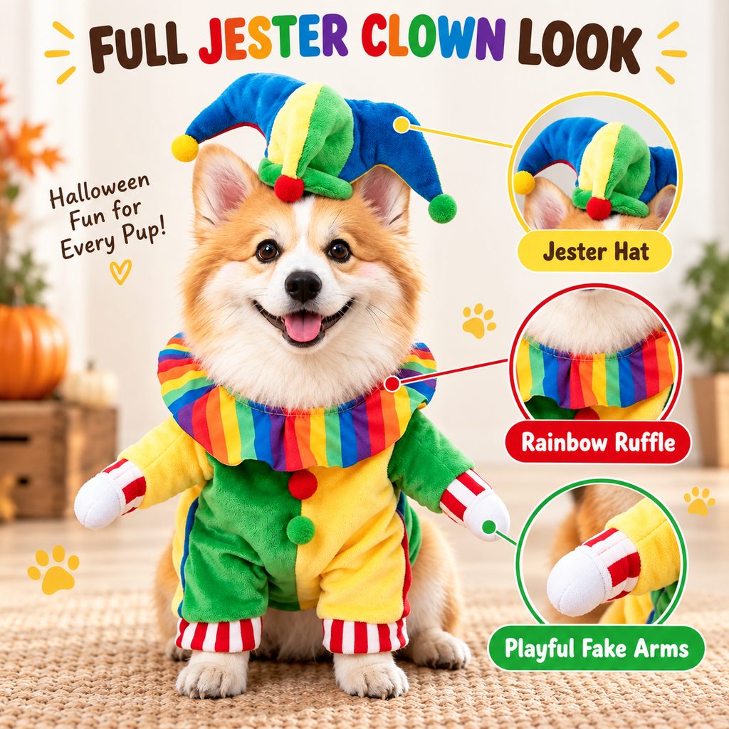 Halloween Jester Clown Dog Costume with Hat & Fake Arms - Funny Photo-Ready Pet Outfit for Trick-or-Treat Parties