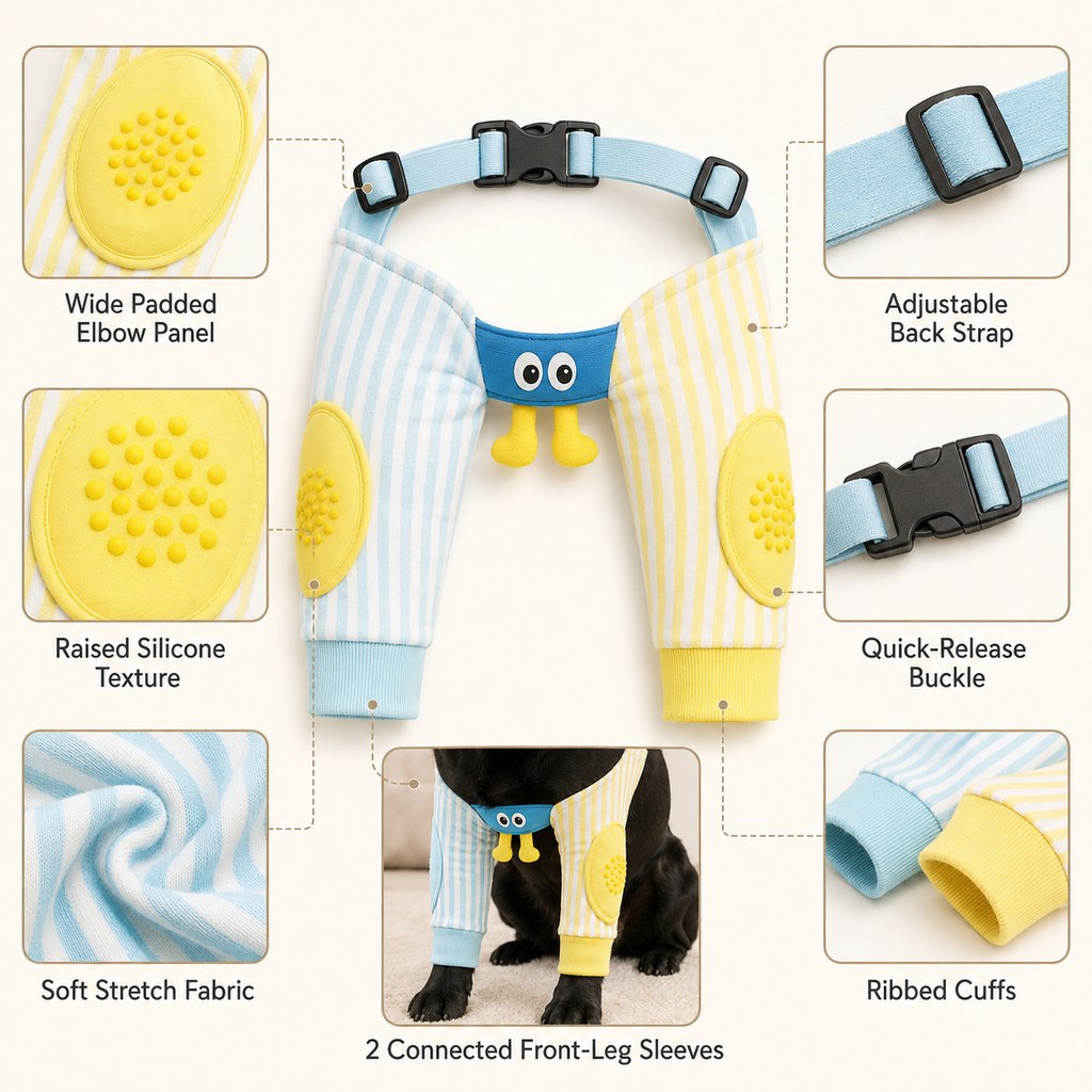 Padded Dog Elbow Protector Sleeves for Hard Floors - Dual Front-Leg Coverage for Pressure & Rubbing