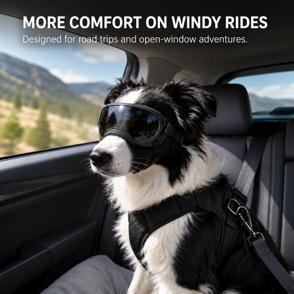 Photochromic Dog Goggles for Hiking & Car Rides - Adjustable Wind, Dust & Debris Coverage