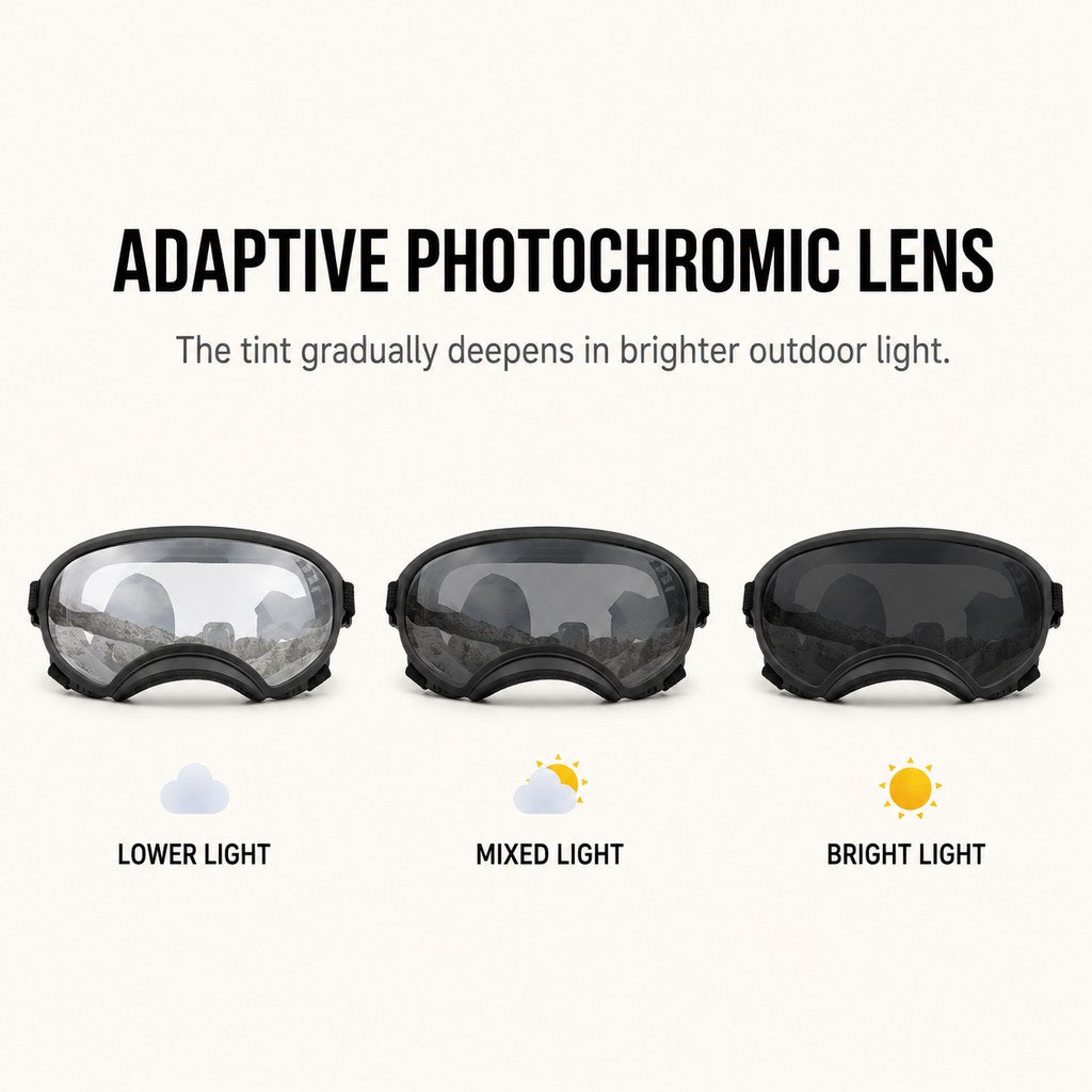 Photochromic Dog Goggles for Hiking & Car Rides - Adjustable Wind, Dust & Debris Coverage