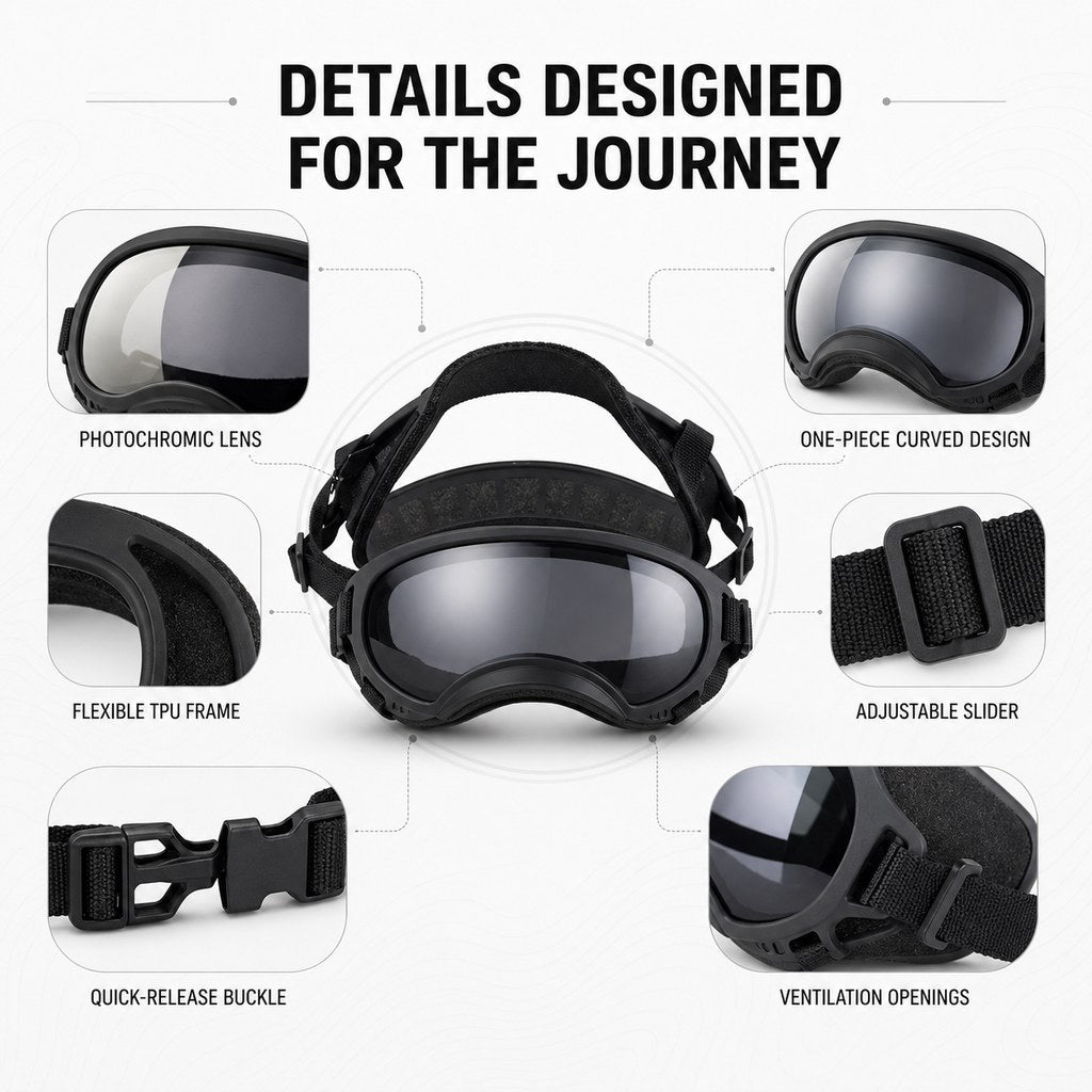 Photochromic Dog Goggles for Hiking & Car Rides - Adjustable Wind, Dust & Debris Coverage