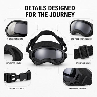 Photochromic Dog Goggles for Hiking & Car Rides - Adjustable Wind, Dust & Debris Coverage