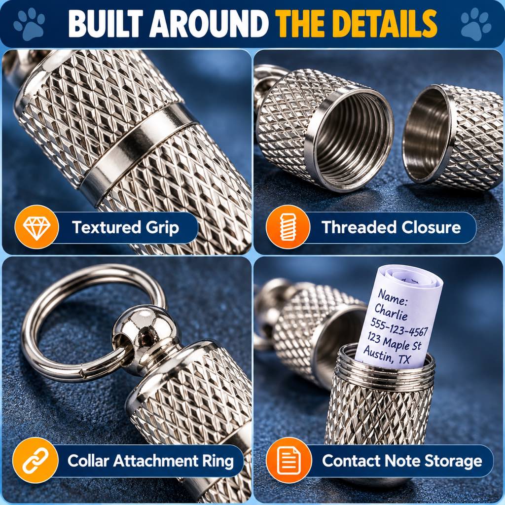 Dog ID Contact Capsule for Collars – 3-Pack Emergency Contact Tag Holder for Walks & Travel