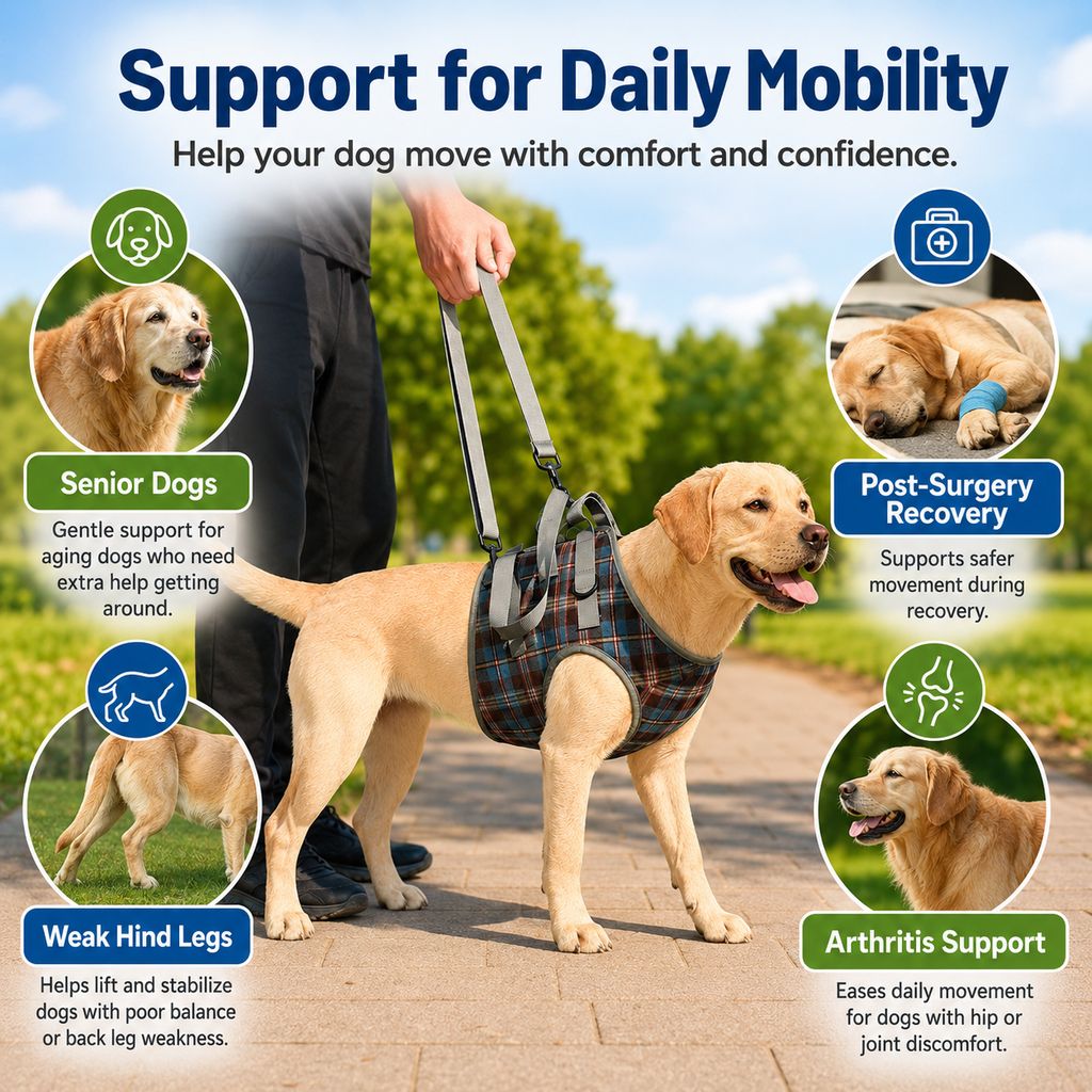 Dog Mobility Support Harness for Stairs & Cars - Front or Rear Lift Assist for Weak Legs