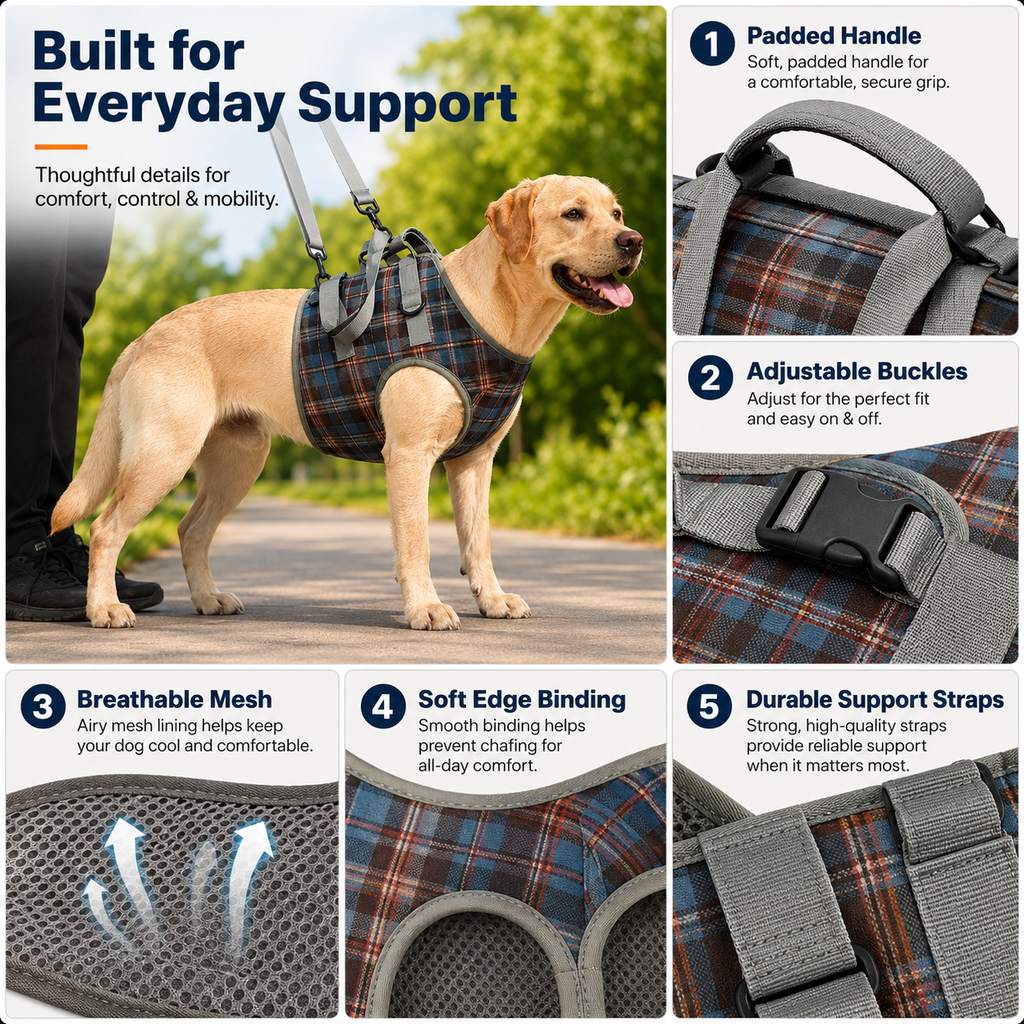 Dog Mobility Support Harness for Stairs & Cars - Front or Rear Lift Assist for Weak Legs