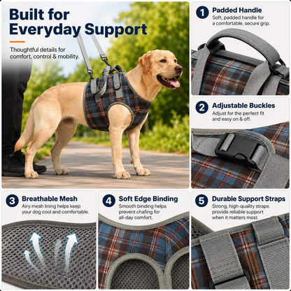 Dog Mobility Support Harness for Stairs & Cars - Front or Rear Lift Assist for Weak Legs