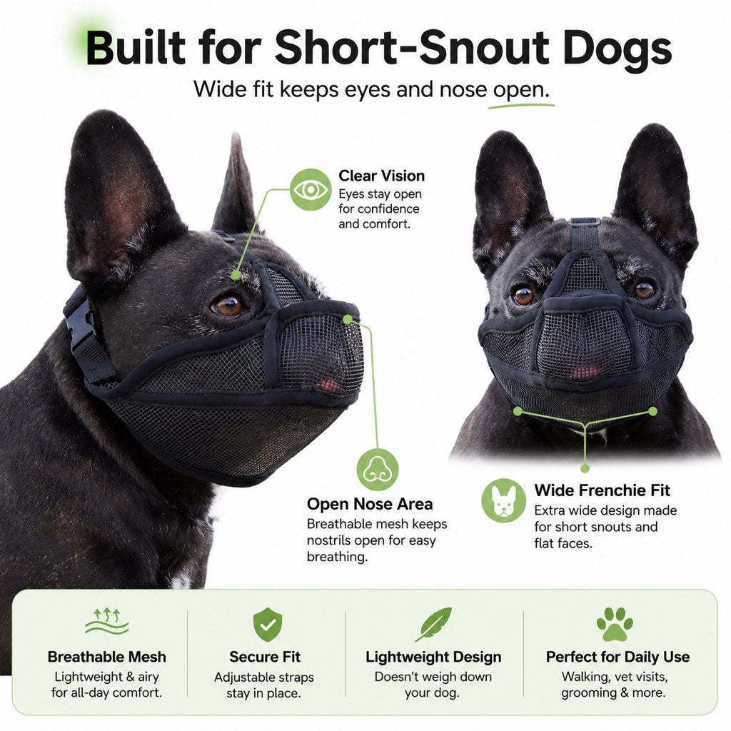 French Bulldog Breathable Mesh Muzzle for Walks, Grooming & Scavenging Control - Drink-Friendly Short-Snout Dog Muzzle