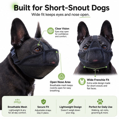 French Bulldog Breathable Mesh Muzzle for Walks, Grooming & Scavenging Control - Drink-Friendly Short-Snout Dog Muzzle