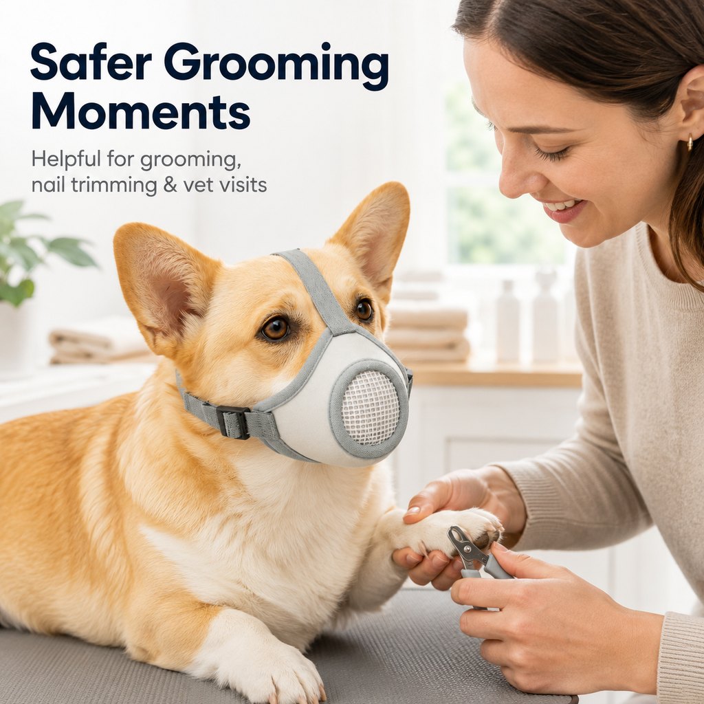 Breathable Dog Muzzle for Walks, Grooming & Vet Visits - Soft Adjustable Mesh Muzzle to Help Reduce Biting, Chewing & Barking