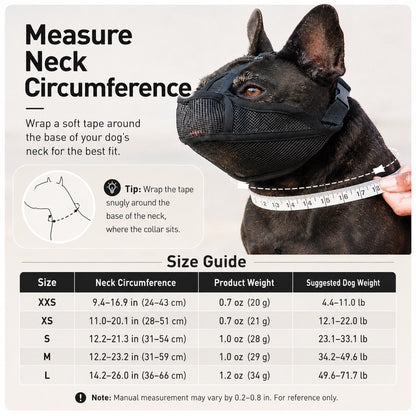 French Bulldog Breathable Mesh Muzzle for Walks, Grooming & Scavenging Control - Drink-Friendly Short-Snout Dog Muzzle