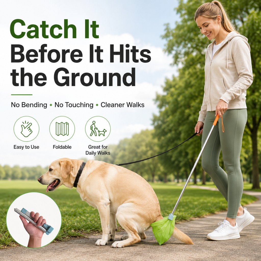 Foldable Dog Poop Catcher for Walks - No-Bend Waste Pickup Tool with Telescopic Handle