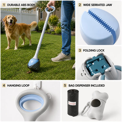 Dog Pooper Scooper for Walks & Yard Cleanup - Bag-Lined Claw with 3 Handle Lengths for Less-Contact Pickup