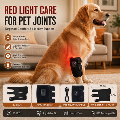 Dog Red Light Joint Wrap for Senior Dogs & Post-Walk Comfort - 20-LED Adjustable Mobility Support