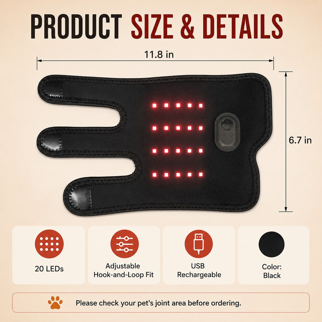 Dog Red Light Joint Wrap for Senior Dogs & Post-Walk Comfort - 20-LED Adjustable Mobility Support