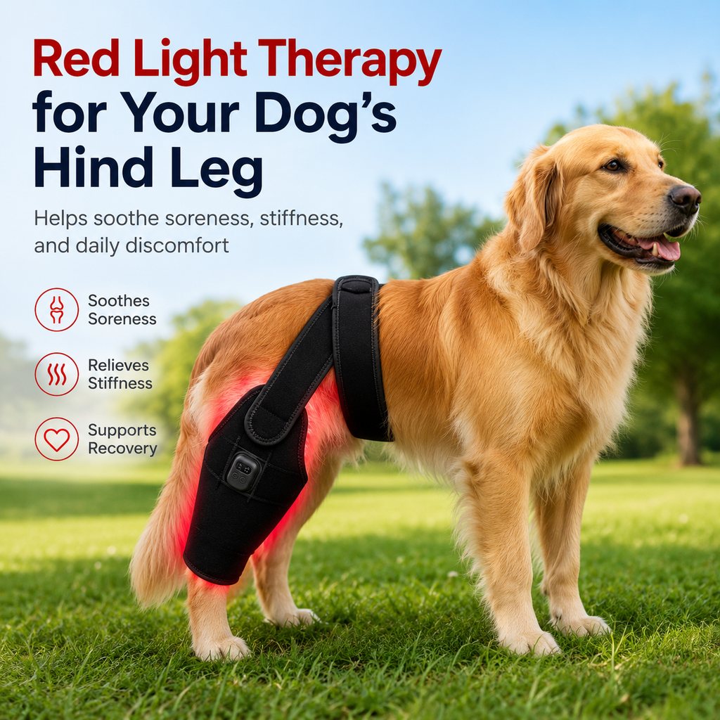 Red light therapy leg brace for dogs, suitable for senior and active dogs, provides comfort and support for hind legs during activity.
