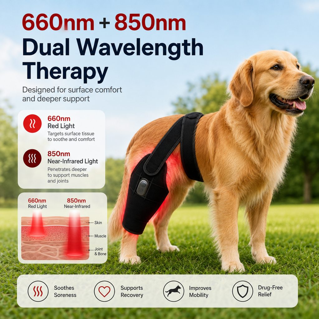 Red light therapy leg brace for dogs, suitable for senior and active dogs, provides comfort and support for hind legs during activity.