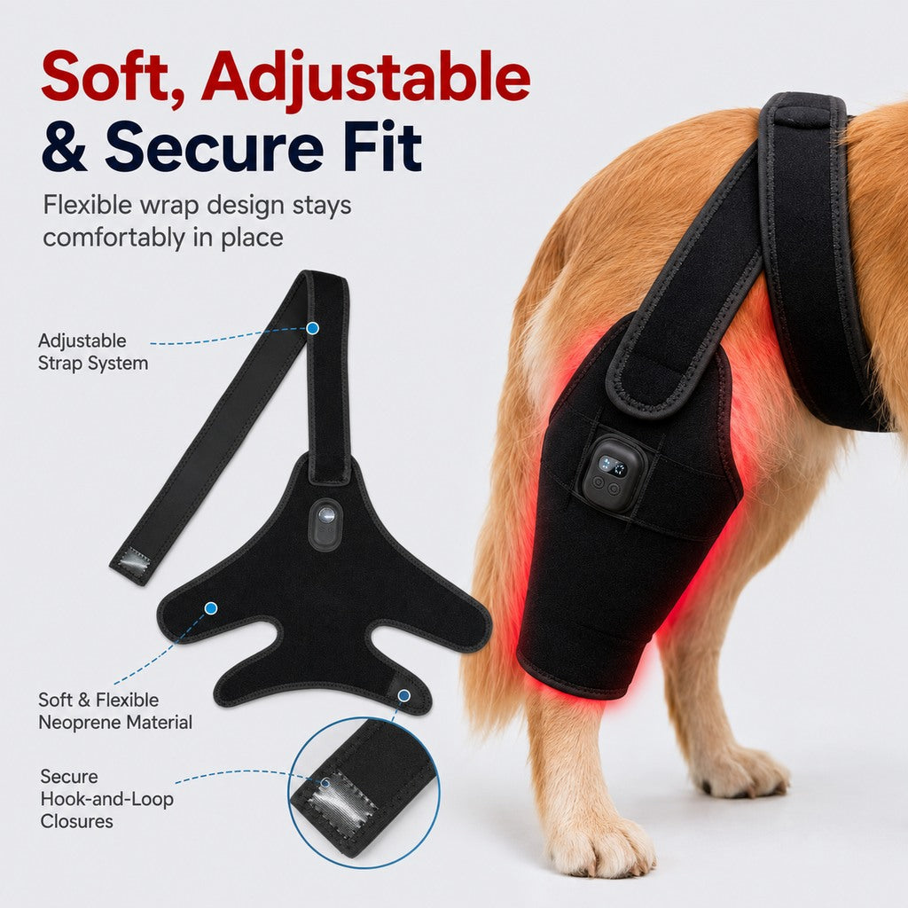 Red light therapy leg brace for dogs, suitable for senior and active dogs, provides comfort and support for hind legs during activity.
