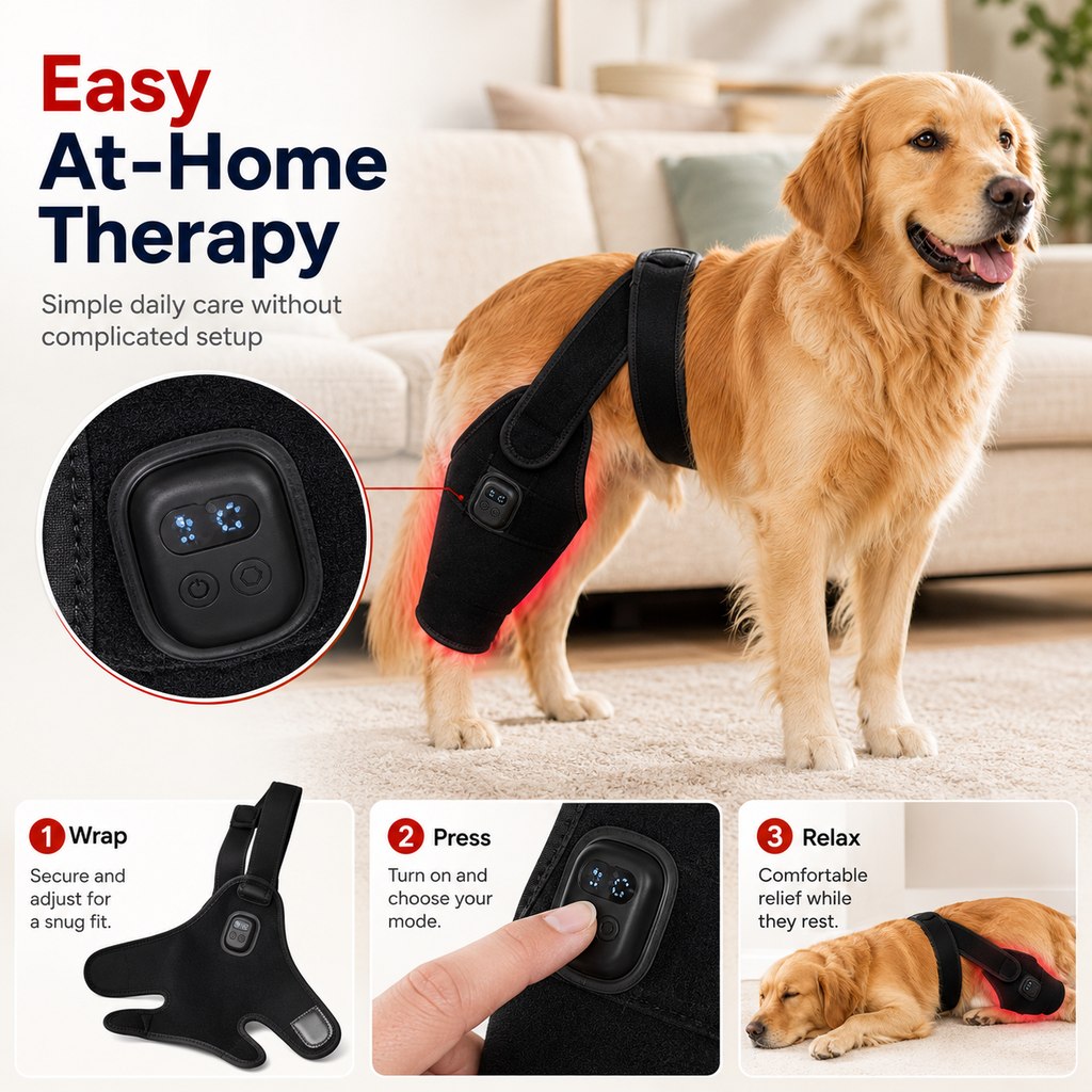 Red light therapy leg brace for dogs, suitable for senior and active dogs, provides comfort and support for hind legs during activity.