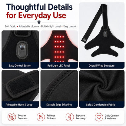 Red light therapy leg brace for dogs, suitable for senior and active dogs, provides comfort and support for hind legs during activity.