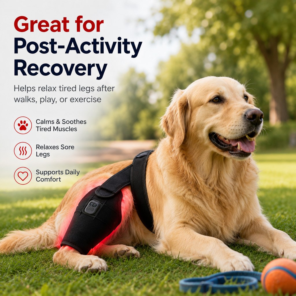 Red light therapy leg brace for dogs, suitable for senior and active dogs, provides comfort and support for hind legs during activity.