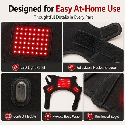 Wearable red light therapy sleeve for dogs, used for home care of the lower back and hind legs/hips.