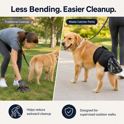 Dog Waste Catcher Pants with 50 Bags for Daily Walks - Less Bending, Easier Poop Cleanup