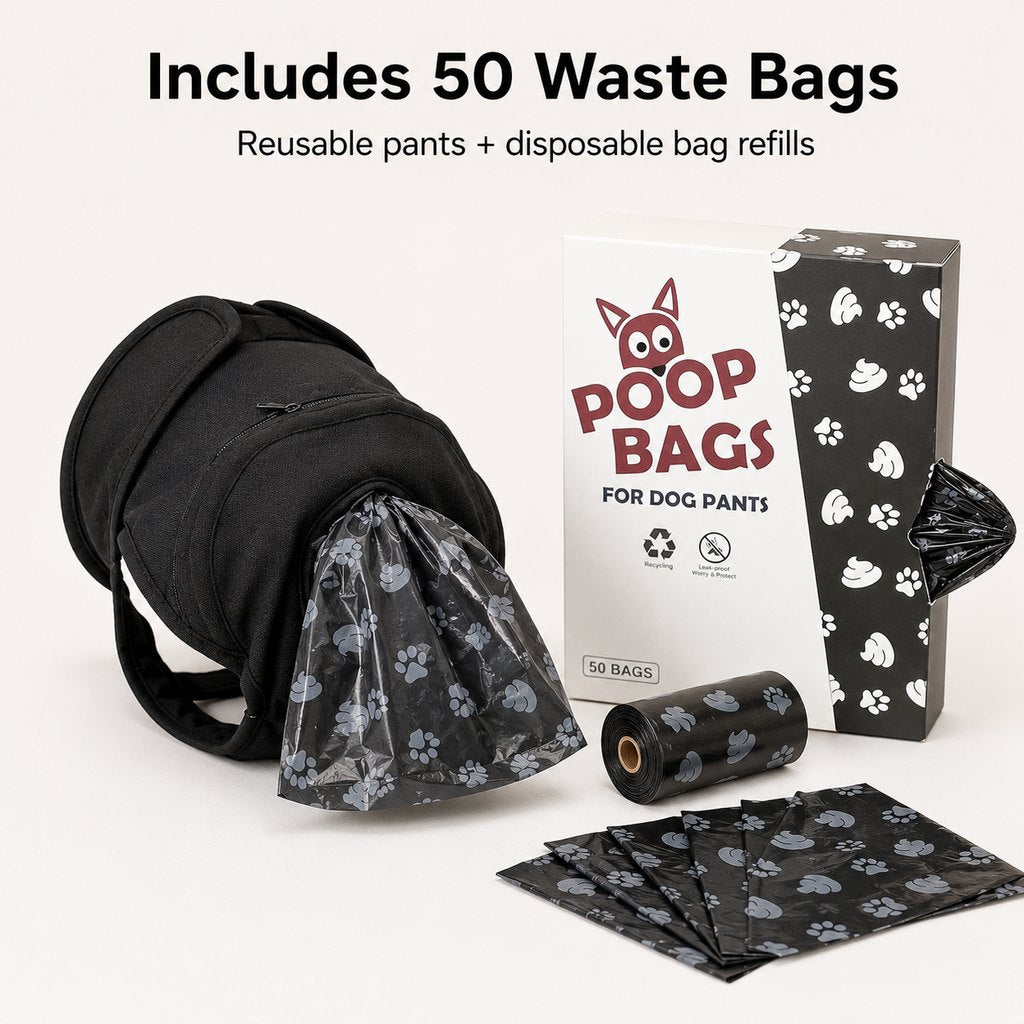 Dog Waste Catcher Pants with 50 Bags for Daily Walks - Less Bending, Easier Poop Cleanup