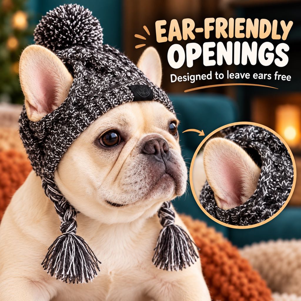 French Bulldog & Pug Winter Knit Hat with Ear Openings for Chilly Walks