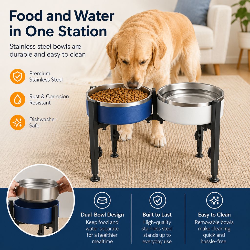 Adjustable Raised Dog Bowl Stand for Home Feeding - No-Bend Metal Pet Bowl Holder for Cleaner, More Comfortable Meals