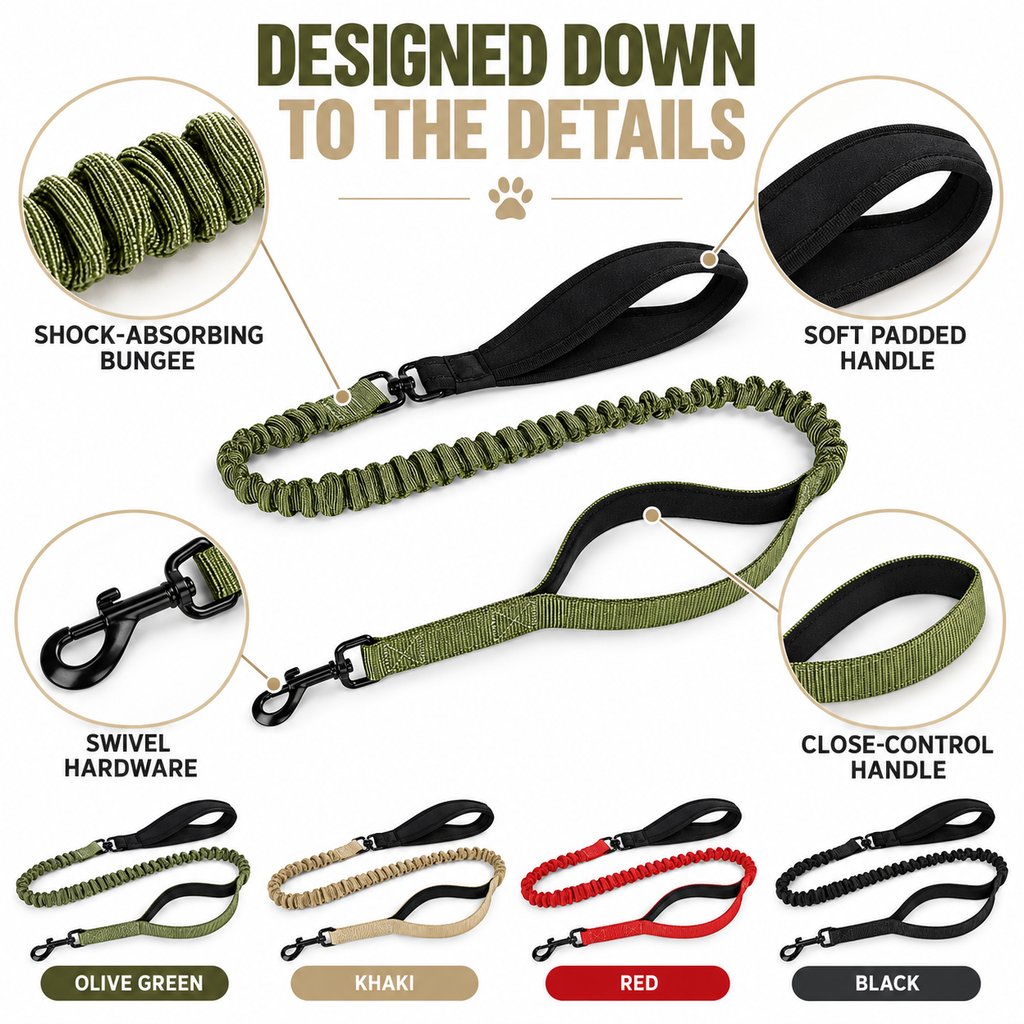 Dual Handle Shock-Absorbing Bungee Dog Leash for City Walks, Jogging & Hiking - Softer Pulls, Quick Close Control
