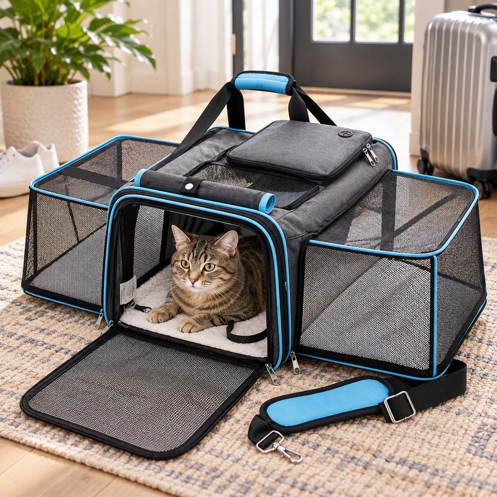 Dual-Sided Expandable Pet Carrier for Cats & Small Dogs - More Room for Road Trips, Vet Visits & Travel