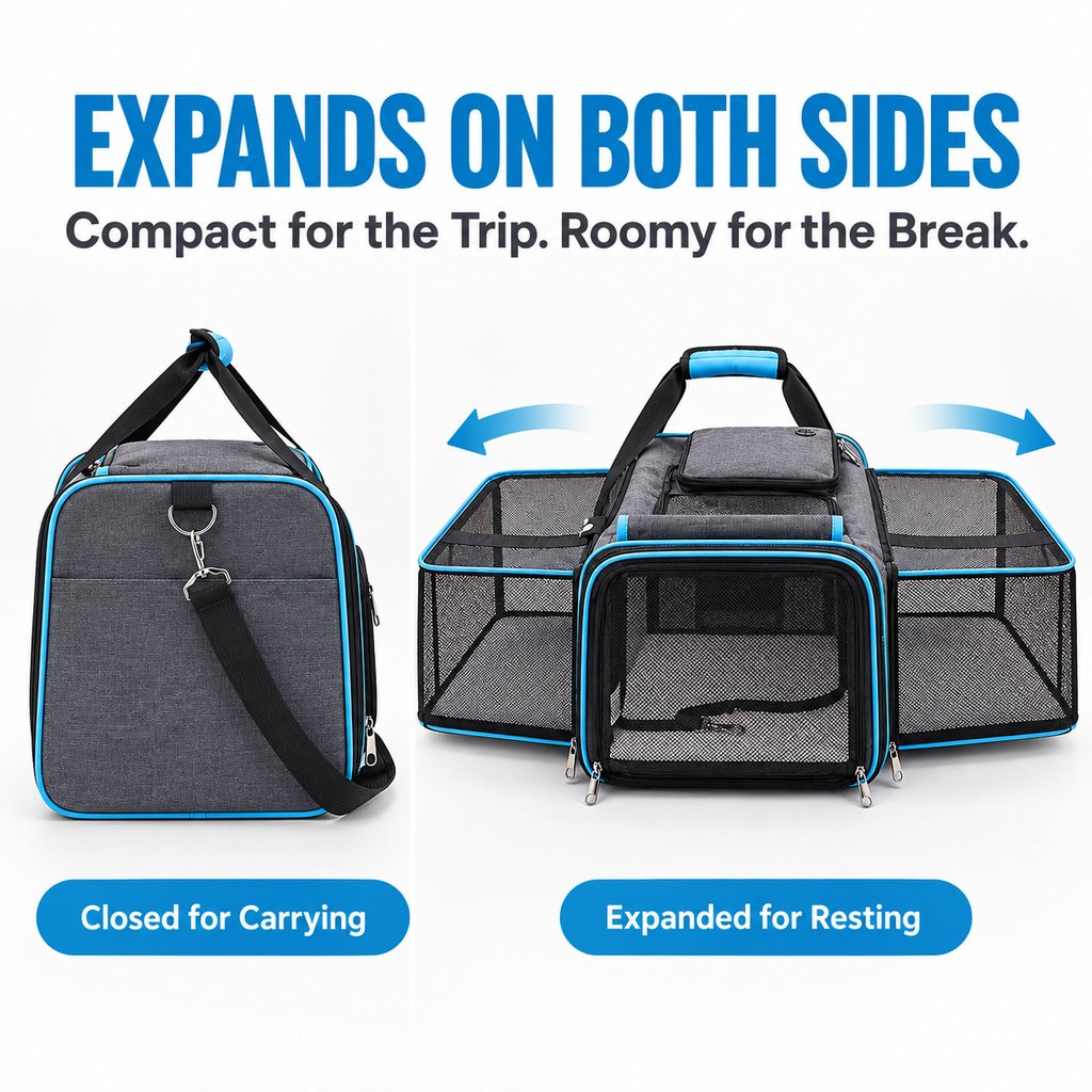 Dual-Sided Expandable Pet Carrier for Cats & Small Dogs - More Room for Road Trips, Vet Visits & Travel
