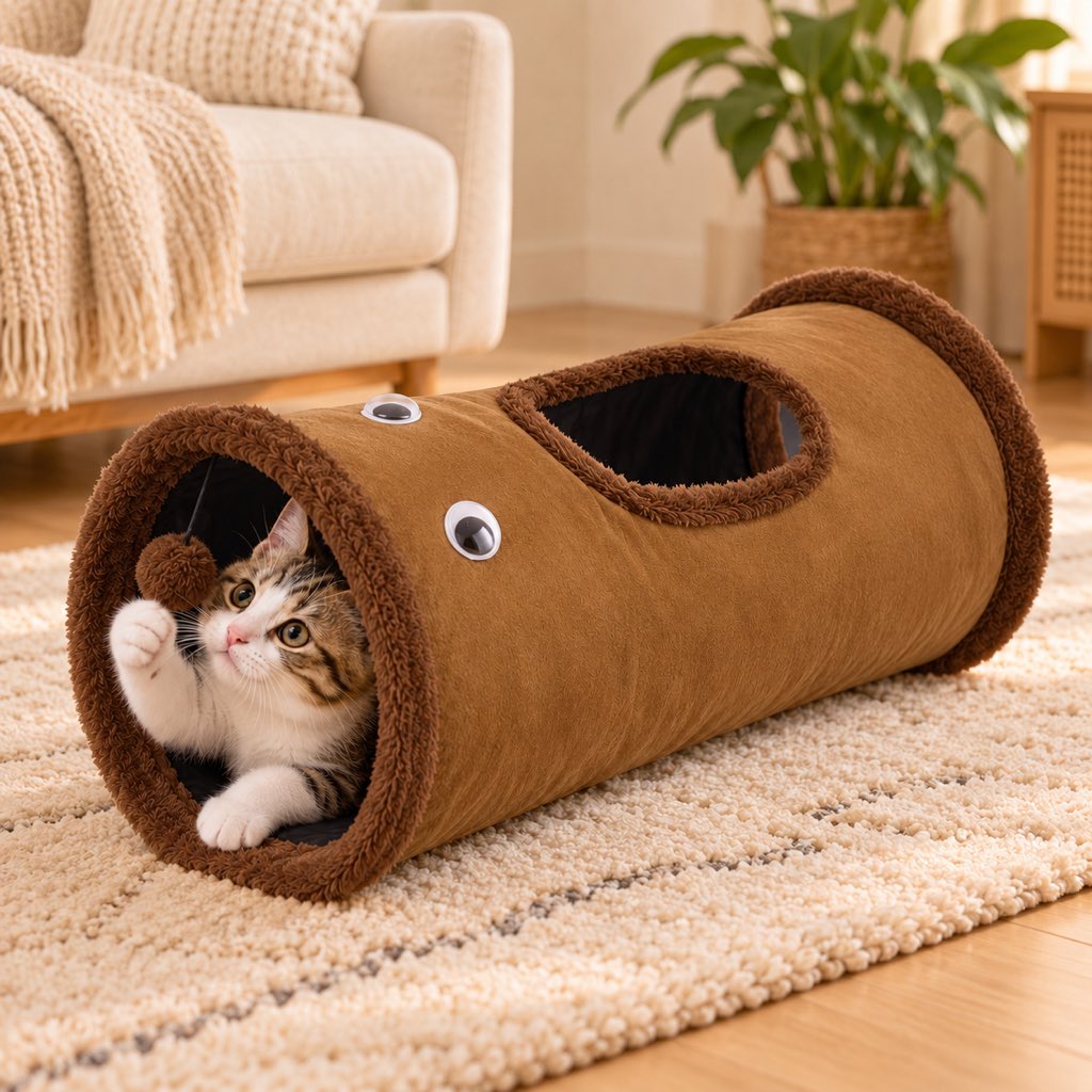 Foldable Cat Tunnel with Peekaboo Hole & Hanging Ball for Indoor Play