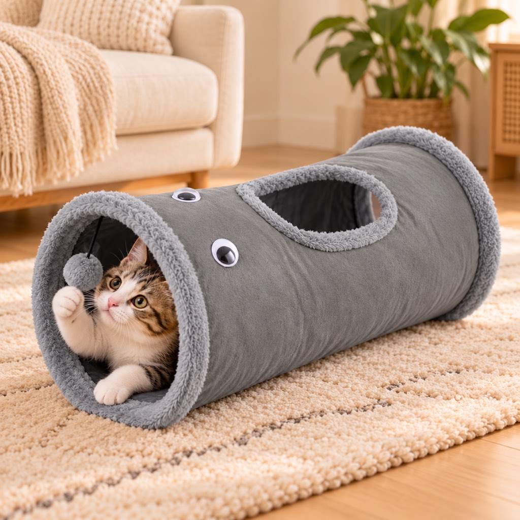 Foldable Cat Tunnel with Peekaboo Hole & Hanging Ball for Indoor Play