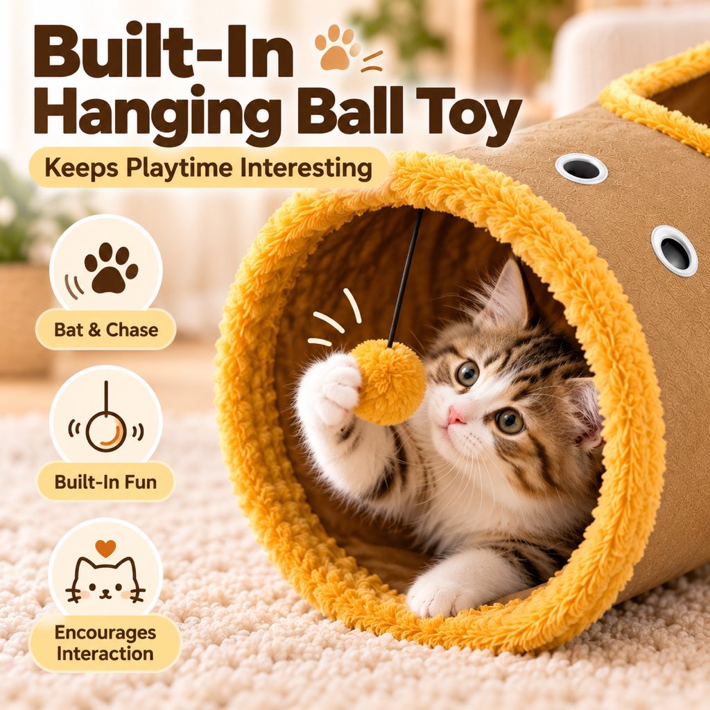 Foldable Cat Tunnel with Peekaboo Hole & Hanging Ball for Indoor Play