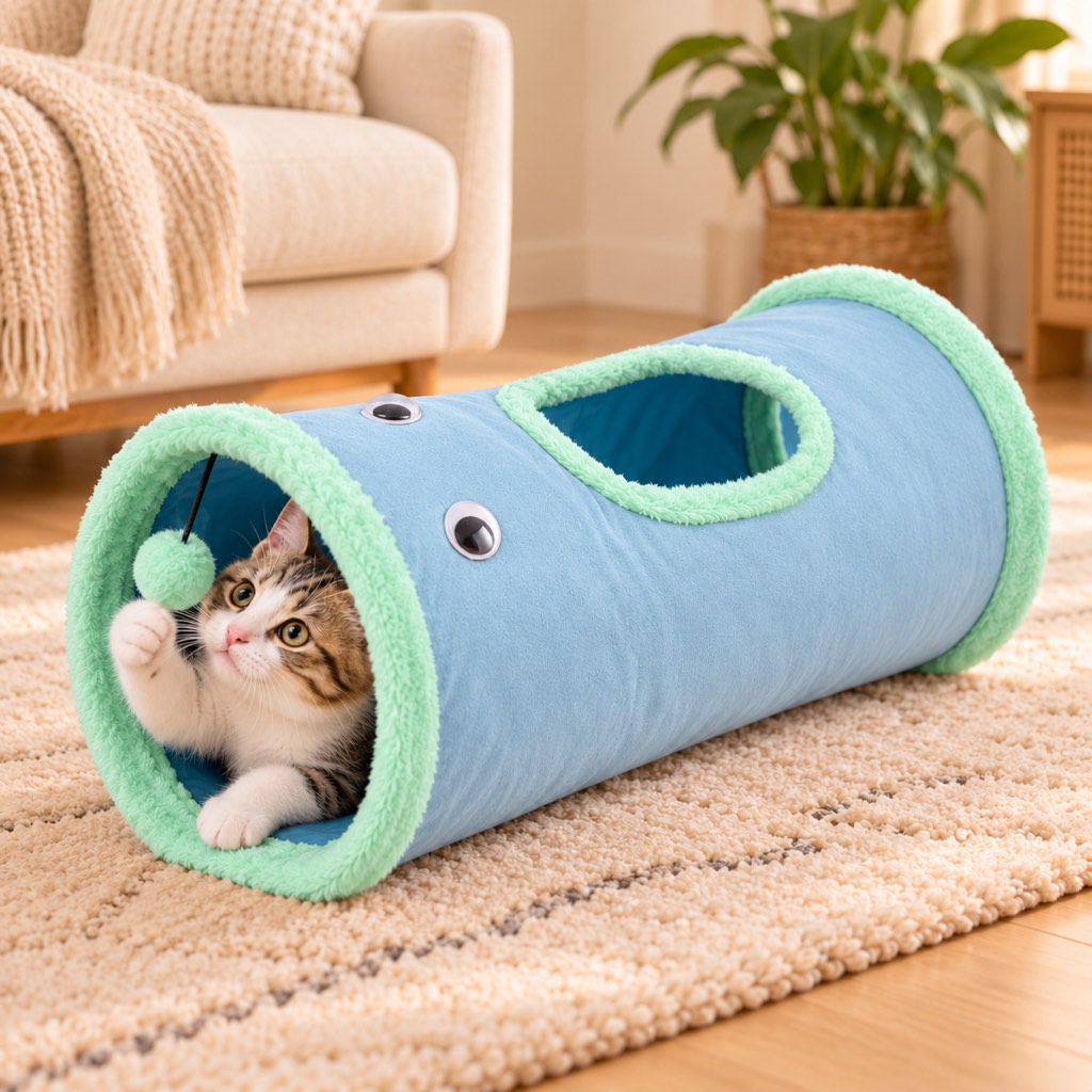 Foldable Cat Tunnel with Peekaboo Hole & Hanging Ball for Indoor Play