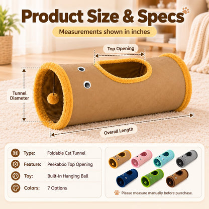 Foldable Cat Tunnel with Peekaboo Hole & Hanging Ball for Indoor Play
