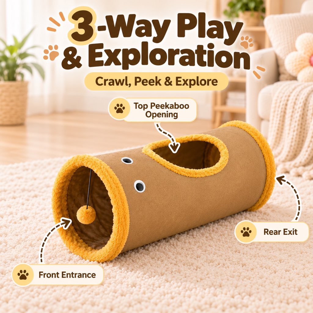 Foldable Cat Tunnel with Peekaboo Hole & Hanging Ball for Indoor Play