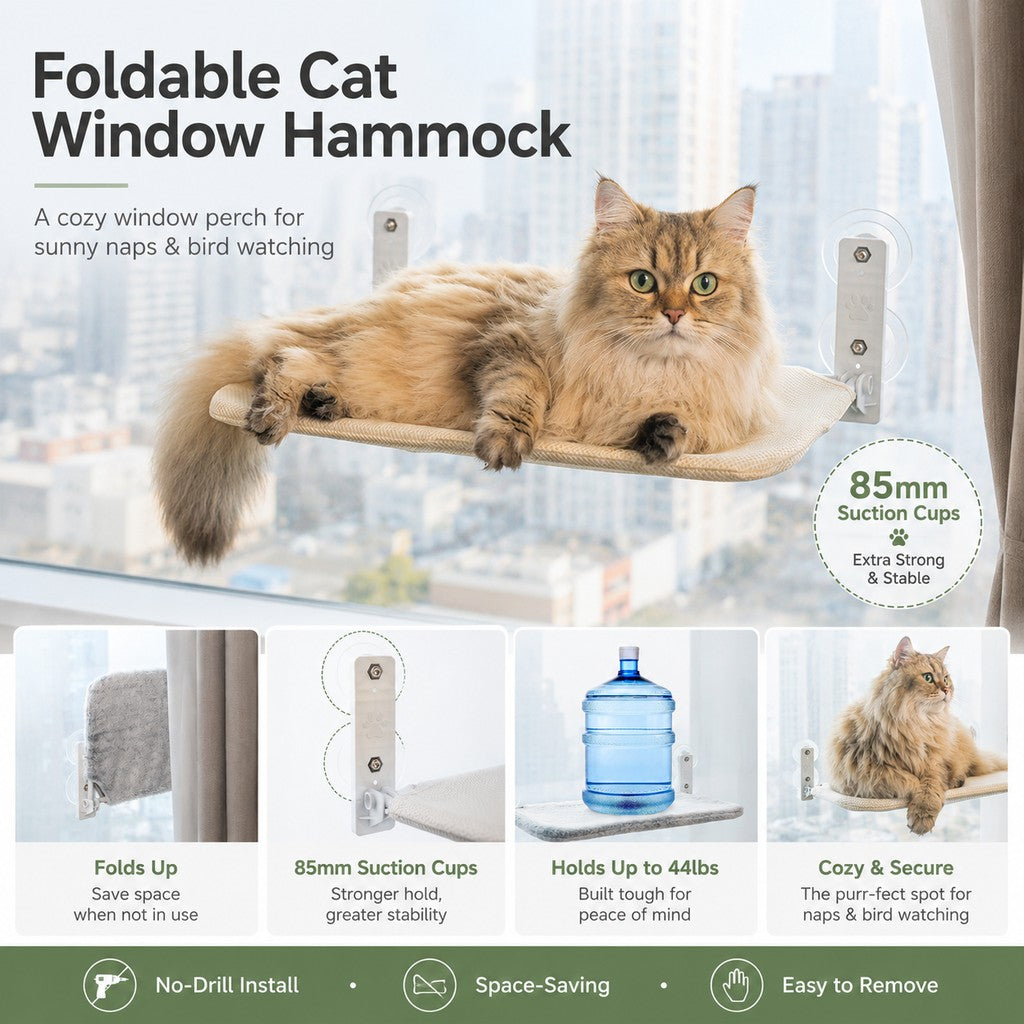 Foldable Cat Window Hammock for Apartments - No-Drill Suction Perch for Sunny Naps Without Taking Up Floor Space